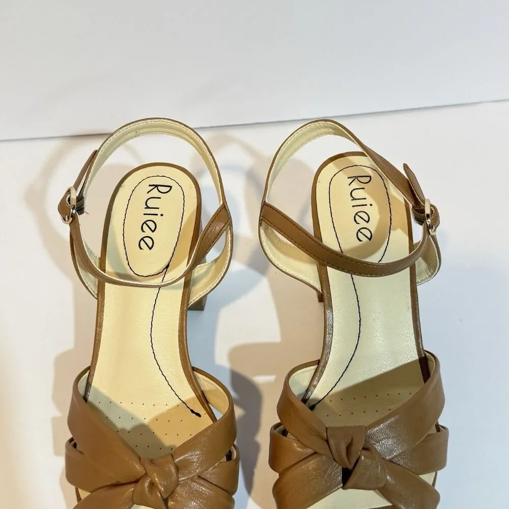 Ruiee Women's Platform Heels Chunky Sandals Ankle Strappy Brown Size 9.5 New